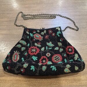 Inge‎ Christopher Shoulder Bag Womens Small Black Beaded Floral Evening Purse